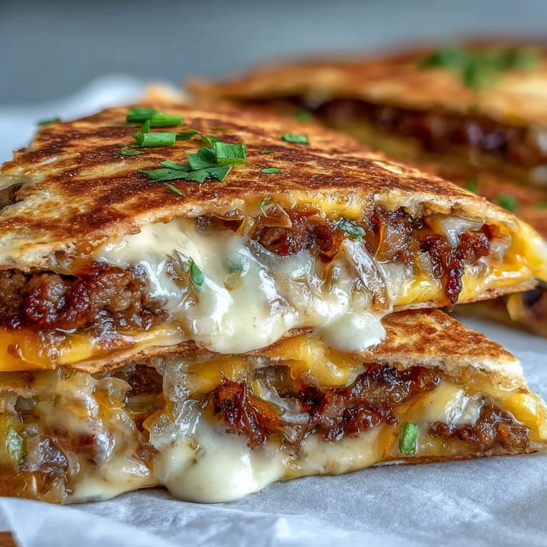 Piping-hot Cheesy Griddled Smashburger Quesadillas served on a plate with a side of tangy mayo-mustard dipping sauce.