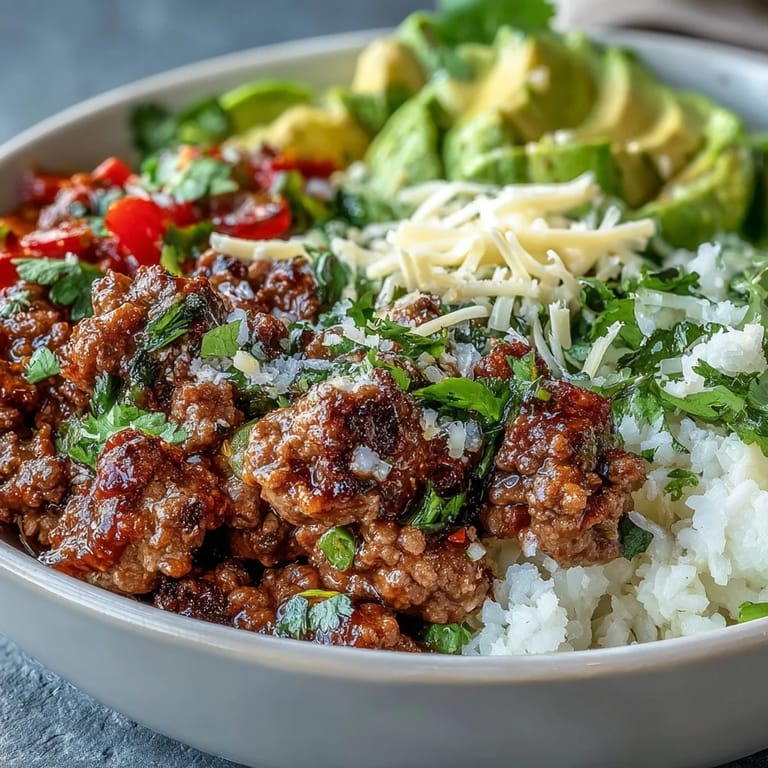 This Low Carb Burrito Bowl features seasoned ground beef and cauliflower rice on crisp lettuce.