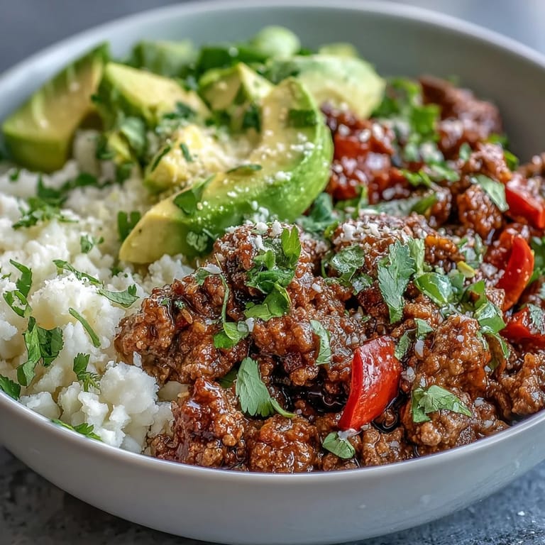 Sizzling seasoned beef and cauliflower rice build this Low Carb Burrito Bowl for dinner.