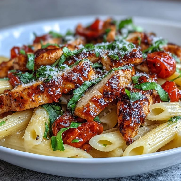 Colorful Bruschetta Chicken Pasta is plated with extra Parmesan and basil leaves, perfect for a weeknight Italian-American family dinner with vibrant, summery flavors.