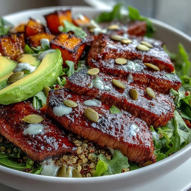 Fresh lime-cilantro dressing is drizzled over smoky steak and sweet squash cubes in a vibrant dinner bowl. 