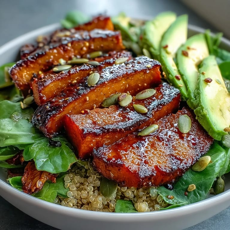 A close-up of fork-tender butternut squash steak bowls with juicy steak slices, avocado, and herbs.