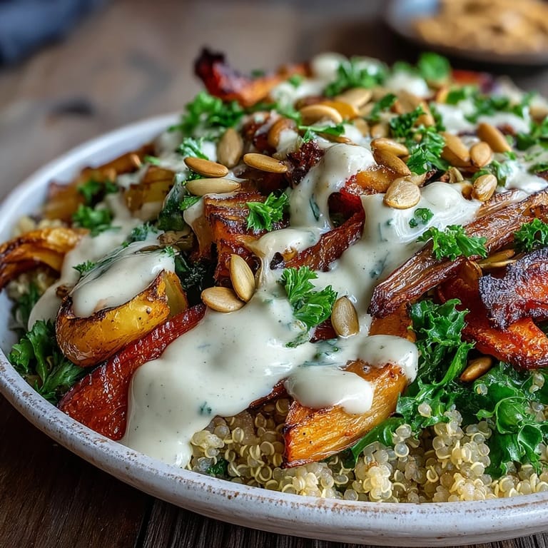 Colorful sheet pan veggies like bell peppers and zucchini garnish a hearty Roasted Vegetable Quinoa Bowl with parsley.