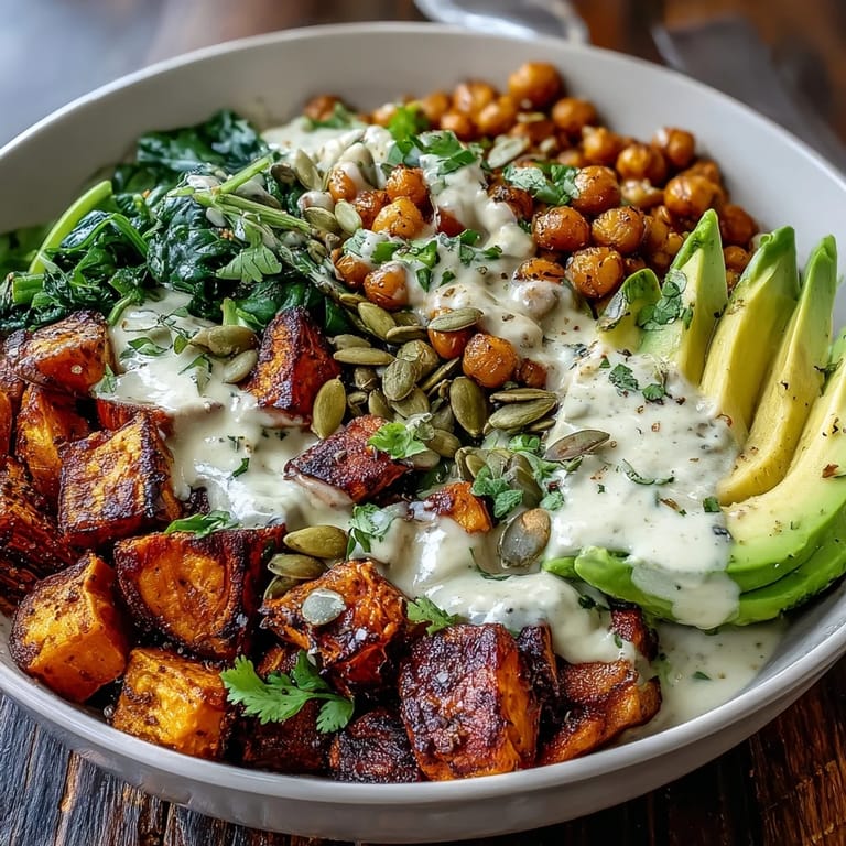 A steaming serving of Roasted Sweet Potato and Chickpea Bowl with garlicky spinach and chipotle tahini dressing.