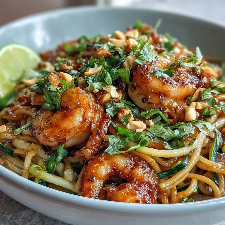 A close-up of Asian Noodle Bowl with plump shrimp, crisp carrots, zucchini, and green onions tossed in a savory sauce and topped with peanuts.