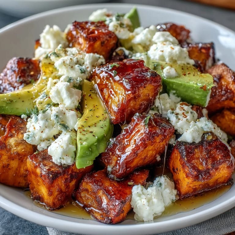 A vibrant Hot Honey Sweet Potato Bowl features crispy-edged sweet potatoes, creamy avocado, and cottage cheese with seeds.