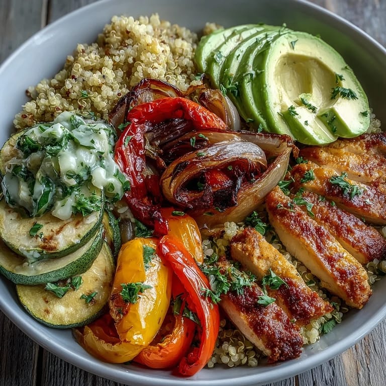 A warm Paprika Roasted Vegetable Quinoa Bowl showcases roasted peppers, zucchini, and tender chicken over fluffy quinoa.