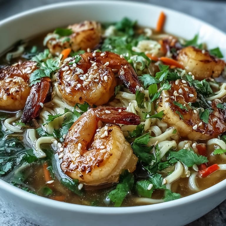 Serving suggestion for Asian Noodle Bowl with Shrimp and Scallops ladled into a cozy bowl with sesame seeds.
