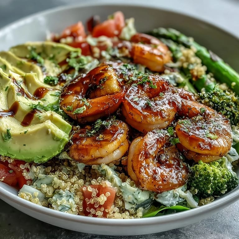 Steaming Rainbow Vegetable Detox Bowl in a rustic bowl, topped with juicy shrimp, asparagus, tomato, and glistening balsamic dressing for a healthy lunch.