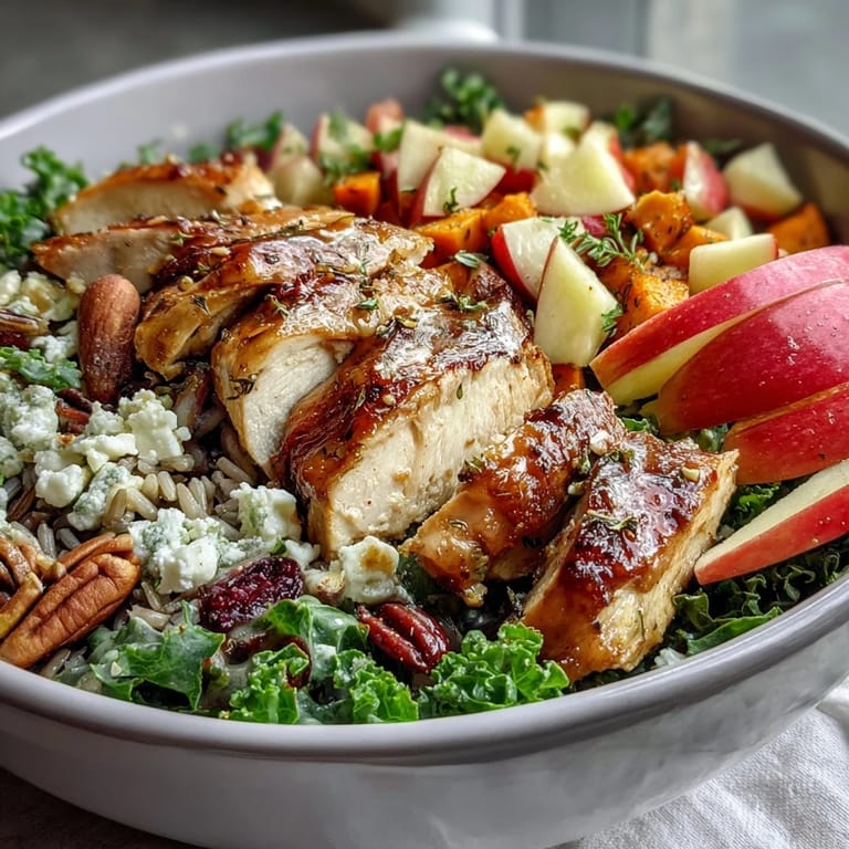 A colorful Harvest Bowl with warm roasted sweet potatoes, juicy chicken, crisp apples, and crunchy almonds layered over kale and wild rice, finished with creamy goat cheese.