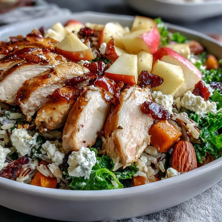 Close-up of a fresh Harvest Bowl showing sliced roasted chicken, sweet potatoes, crisp apple chunks, toasted almonds, and tangy goat cheese over greens with balsamic dressing.