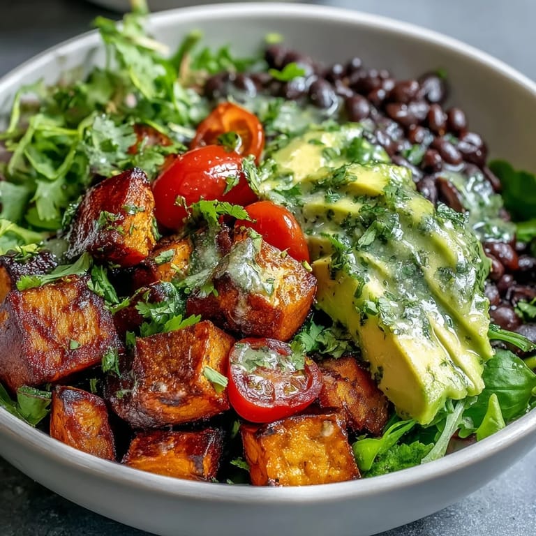 A close-up of a Sweet Potato and Black Bean Bowl topped with creamy avocado slices and a drizzle of lime dressing.