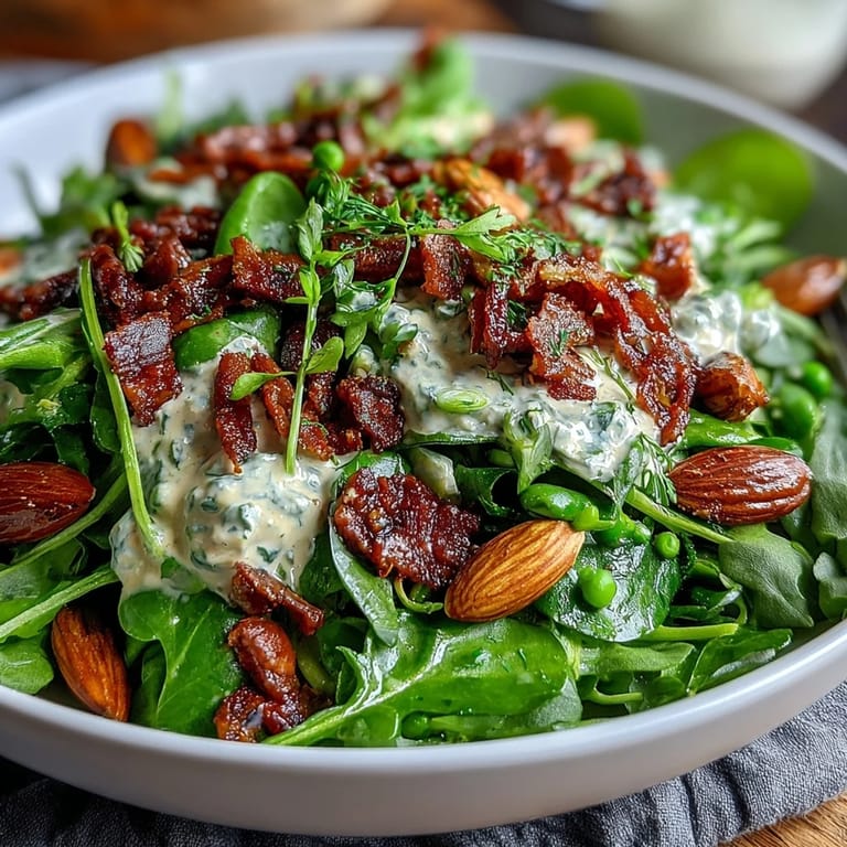 Crisp mixed greens tossed in tangy honey mustard vinaigrette, sprinkled with sliced almonds and colorful radishes for a refreshing salad.