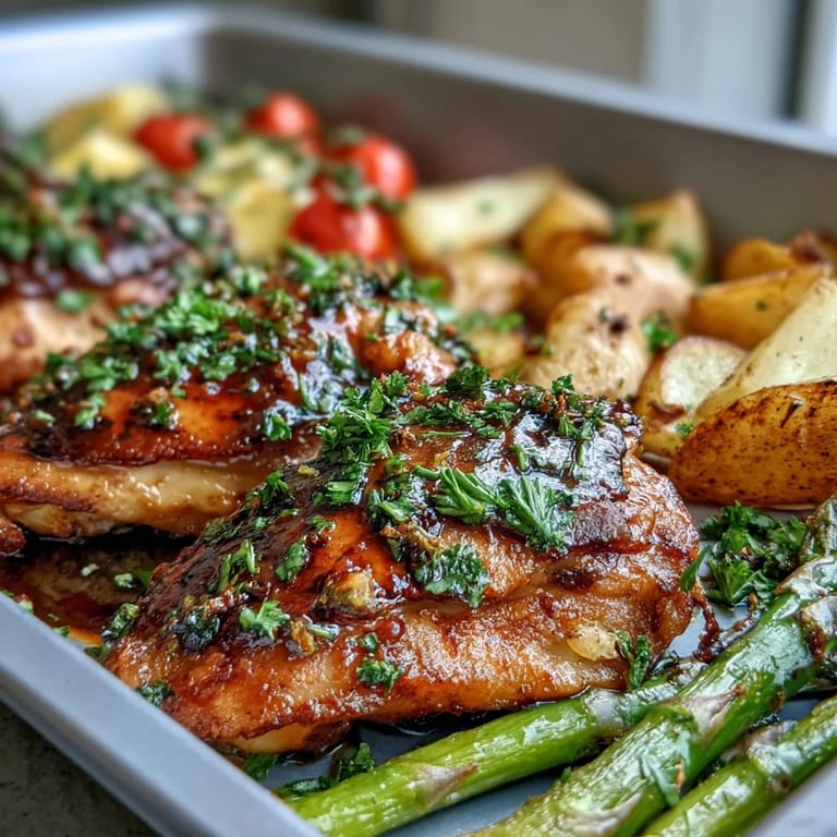 One-pan Healthy Easy Sheet Pan Chicken with Spring Veggies, featuring tender chicken and crisp-tender spring vegetables in a light lemon-herb marinade.  