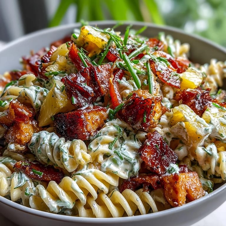 Tropical Hawaiian pasta salad with tender ham, juicy pineapple, and crisp veggies, tossed in creamy ranch.