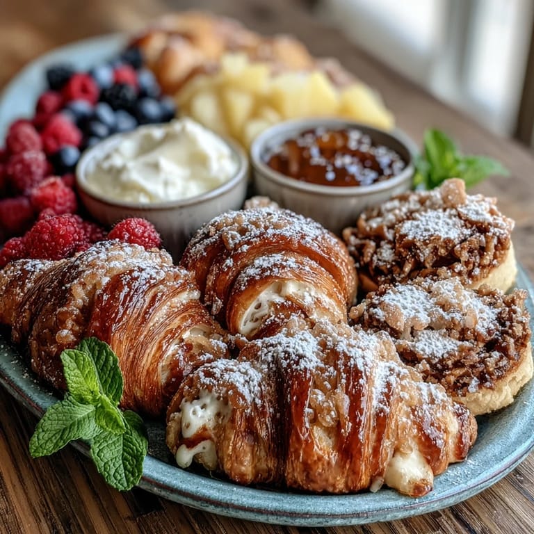 Vibrant spread of croissants, Danish pastries, berries, and sparkling mimosas—perfect for a cheerful Mothers Day brunch.