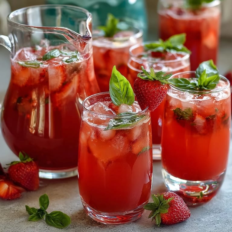 A refreshing strawberry basil lemonade mocktail pitcher, blending juicy strawberries and zesty lemon with aromatic basil leaves for a crisp, cool drink.