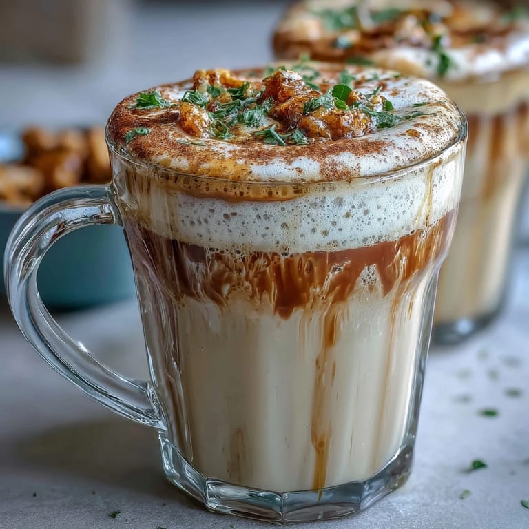 Warm dandelion tea latte with oat milk, vanilla, and cinnamon, offering a soothing and nourishing vegan beverage.