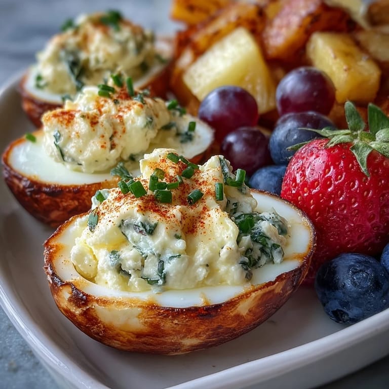 Vibrant Easter brunch platter featuring deviled eggs, seasonal fruit, and mini pastries—perfect for sharing with family and friends.  