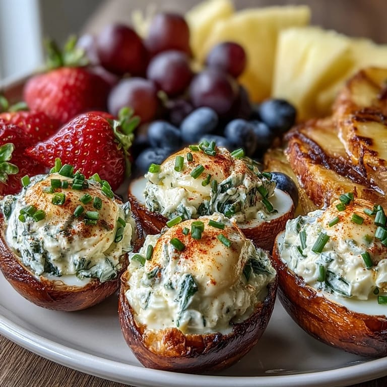 Beautiful Easter morning brunch board with creamy deviled eggs, juicy fruit, and flaky pastries for a delightful celebration.