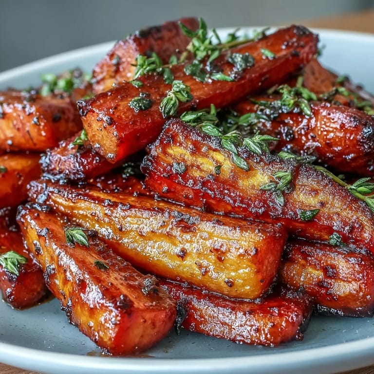 Vibrant Honey Glazed Roasted Carrots with Thyme, roasted to perfection and sprinkled with sea salt for a savory-sweet side dish.