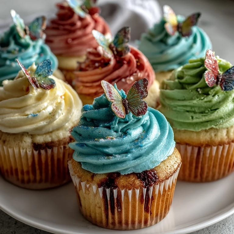 Spring cupcakes decorated with colorful butterfly designs and soft pastel frosting.  