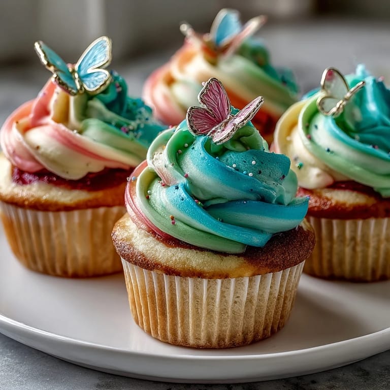 Festive vanilla cupcakes topped with swirled pastel buttercream and edible butterfly toppers.