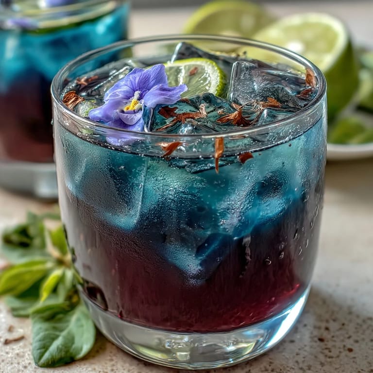 Refreshing butterfly pea flower lemonade with a stunning color shift from blue to pink-purple when lemon meets the flower infusion, served chilled.