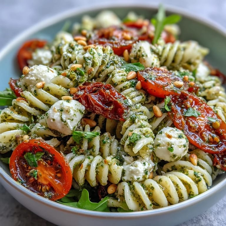Bright, flavorful pasta salad featuring creamy mozzarella, juicy cherry tomatoes, and aromatic pesto, served chilled for a refreshing vegetarian dish.