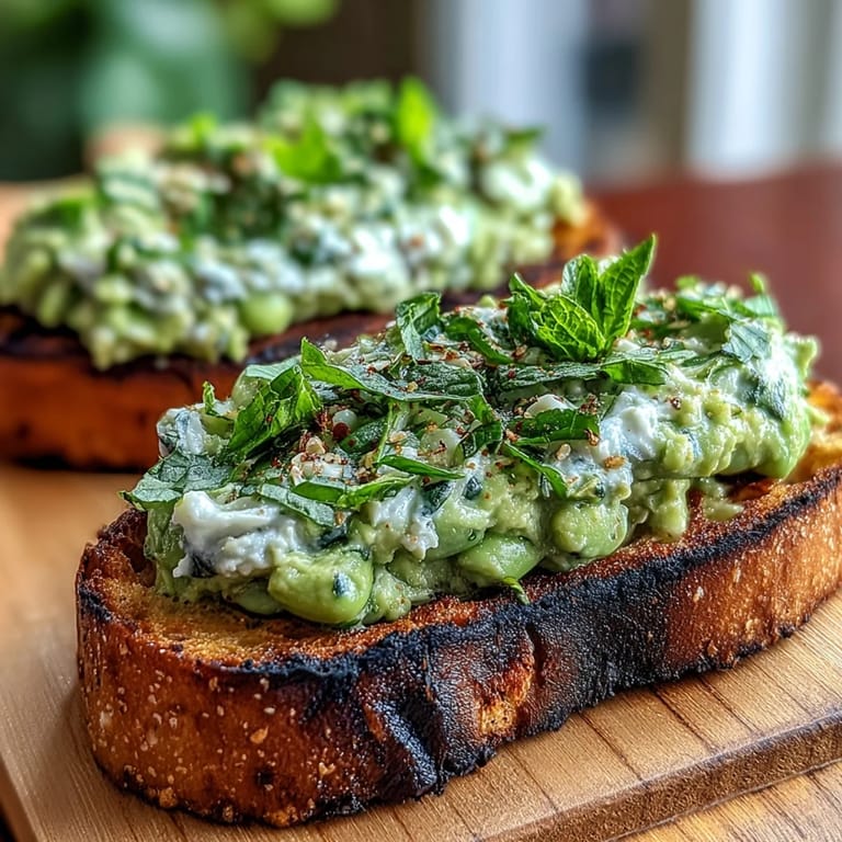 Vibrant spring fava bean and mint topping on rustic grilled sourdough.
