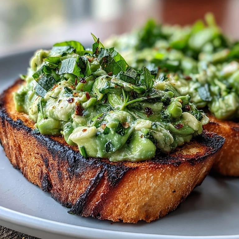 Fresh fava bean bruschetta bursting with mint, served on toasted sourdough.