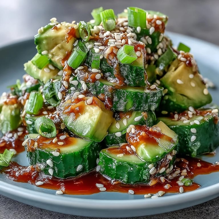 Creamy avocado and crisp smashed cucumber salad with sesame, perfect for a light lunch.