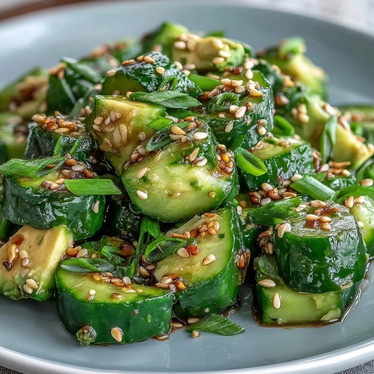 Beautifully smashed cucumber avocado salad topped with sesame seeds and fresh green onions.