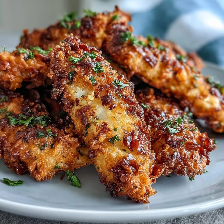 Crispy pickle brine chicken tenders with a flavorful, seasoned breading shown.