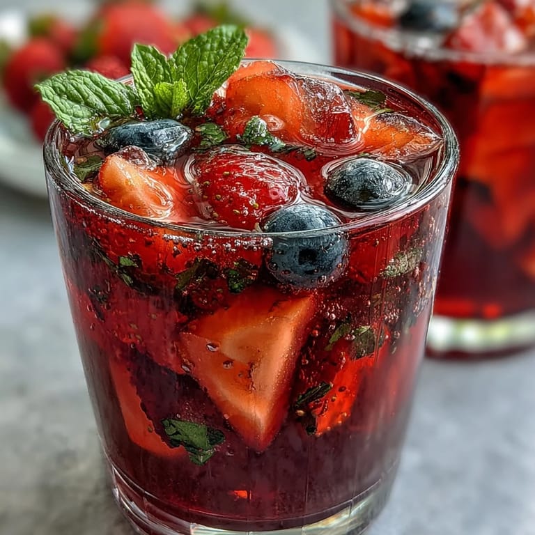A glass of Iced Hibiscus Berry Tea: jewel-toned, fruit-filled refreshment garnished with fresh mint.