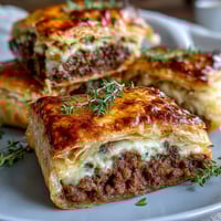 Golden-brown Mini Beef Tourtières with a flaky, cream cheese pastry cradling a warmly spiced beef filling on a rustic wooden board.