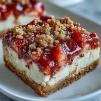 Golden-baked Strawberry Cheesecake Bars on a white plate show creamy filling and a cinnamon streusel topping.