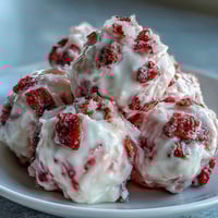 Frozen Strawberry & Banana Yoghurt Clusters on a baking sheet with a creamy swirl.