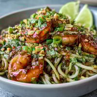Colorful Asian Noodle Bowl topped with peanuts, cilantro, and lime wedges, featuring plump pink shrimp, julienned zucchini, and carrots in a glossy sauce.