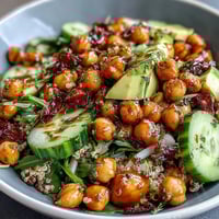 Colorful grain bowl with roasted chickpeas, fresh vegetables, and zesty lemon vinaigrette, perfect for a healthy vegetarian meal.