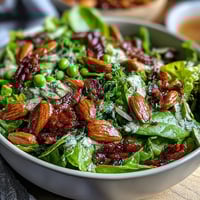 Vibrant spring green salad with honey mustard dressing, topped with crunchy toasted almonds and fresh herbs. Perfect for a light, healthy lunch.