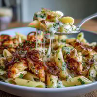One-Pot French Onion Chicken Pasta in a creamy, cheesy skillet with caramelized onions and golden chicken pieces.