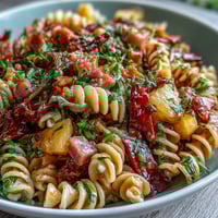 Colorful Hawaiian pasta salad with ham, pineapple, and ranch dressing, perfect for summer gatherings.  