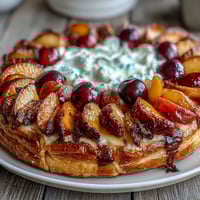Rustic summer stone fruit galette with frangipane, featuring juicy peaches and plums over almond cream in flaky pastry.