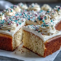 Fluffy vanilla sheet cake with creamy buttercream, decorated with graduation-themed sprinkles for a festive celebration dessert.