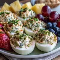 Festive Easter brunch board with deviled eggs, fresh fruit, and assorted pastries for a colorful holiday spread.  