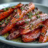 Honey Glazed Roasted Carrots with Thyme, glistening and caramelized, served on a rustic platter with fresh thyme sprigs.