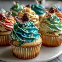 Delicate vanilla cupcakes with pastel butterfly buttercream, perfect for spring celebrations.  