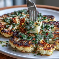 Grilled BBQ Cauliflower Steaks topped with fresh, zesty chimichurri sauce.